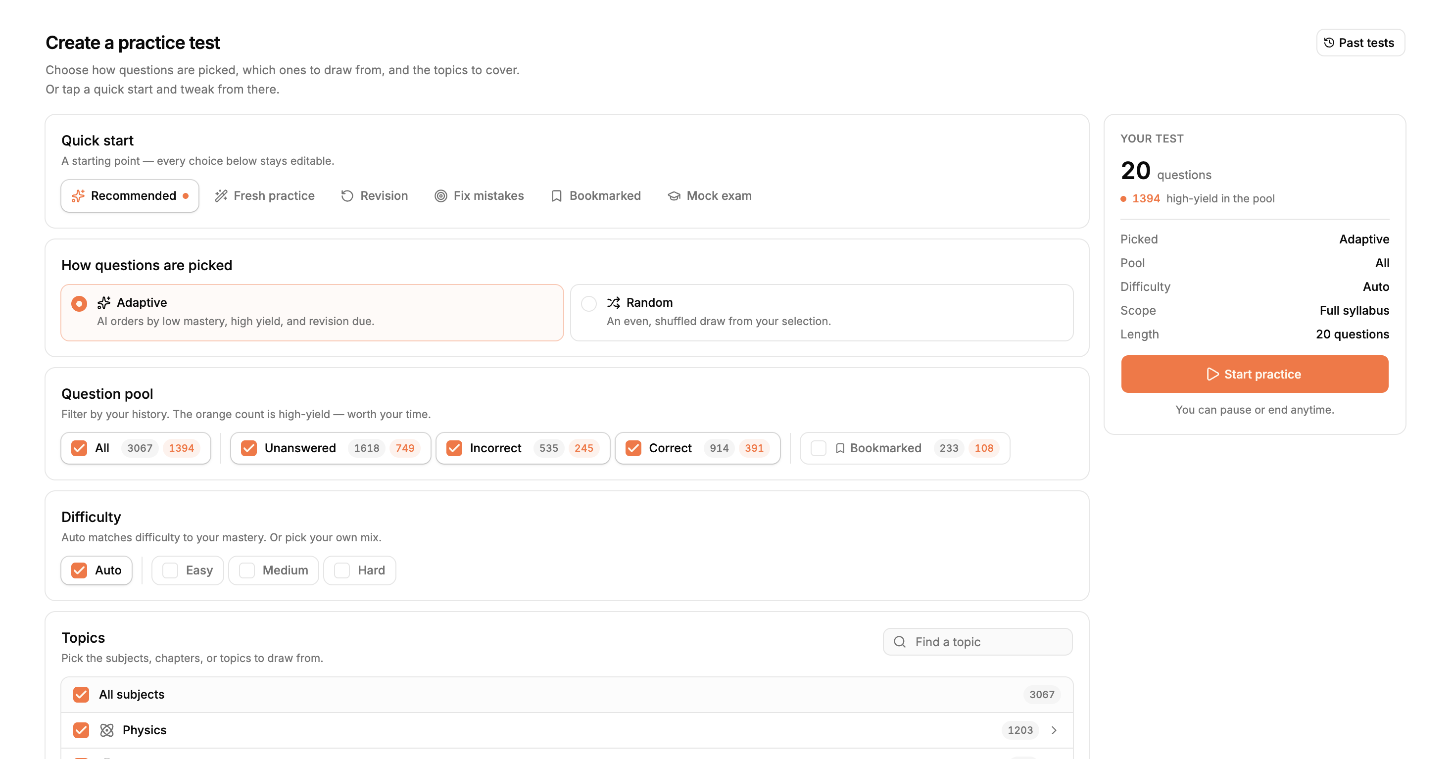 Jeeify practice test builder - options to choose subject, chapter, difficulty and number of questions, or let the AI build an adaptive session.