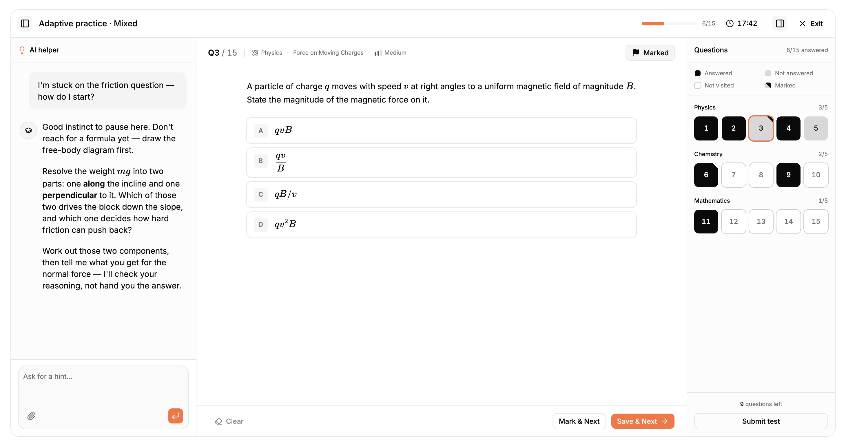 Jeeify practice session - a Physics question with options, a question palette, and an AI helper coaching the approach instead of giving the answer.